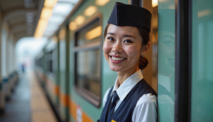  Smiling train attendant standing by carriage at station