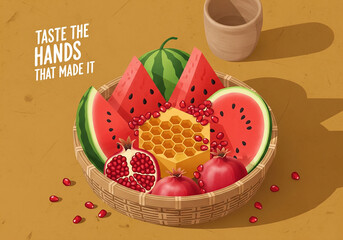 Fresh watermelon and pomegranate fruit basket with honeycomb still life food illustration art design