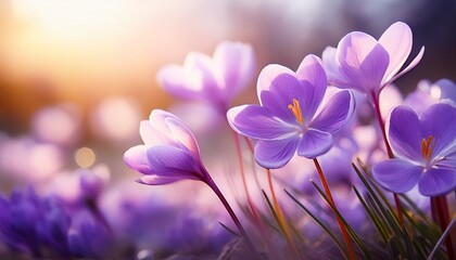 close up image of delicate purple flowers with thin stems against a soft blurred background conveying a dreamy spring atmosphere