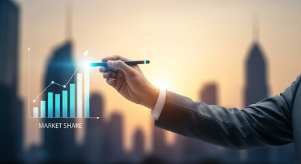 A business person holding a pen and drawing a chart with growing bars, representing market share increase, financial planning, or business strategy