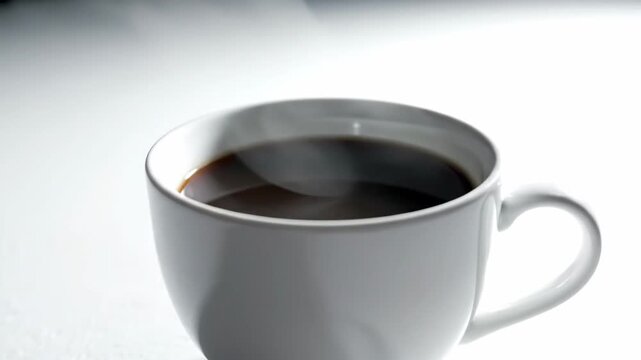 White coffee cup filled with dark liquid against light background