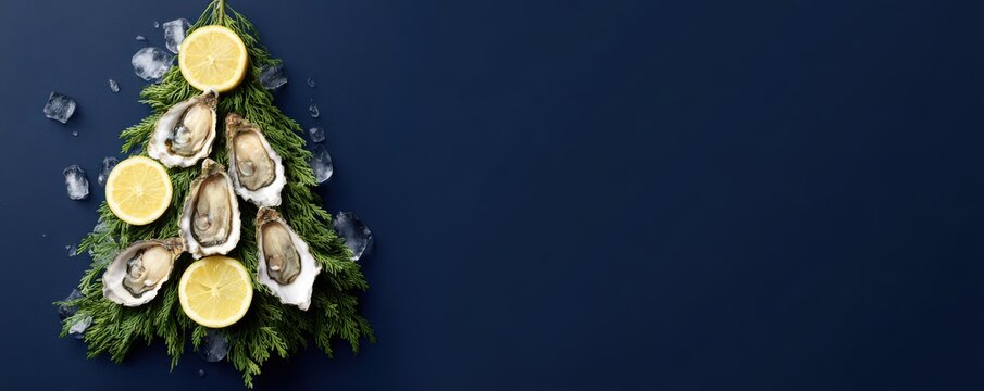 Festive christmas tree created with oysters and lemon on ice - unique seafood holiday concept