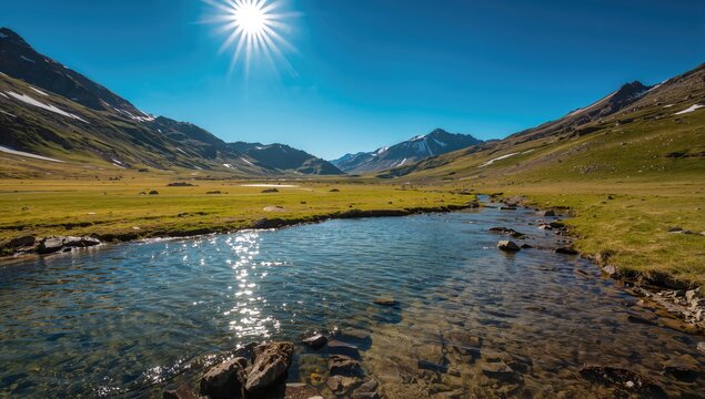Sunny view in mountainous landscape, highlighting seasonal change