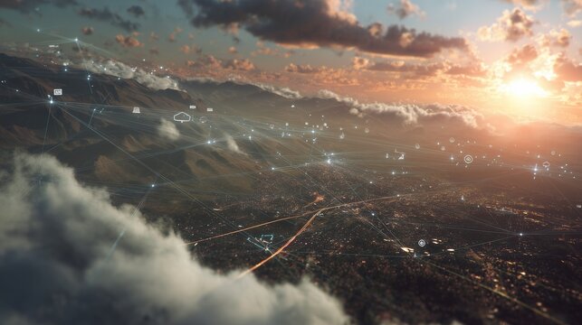 A stunning aerial view captures a sprawling city beneath a colorful sunset, with clouds and lines symbolizing digital connectivity. This scene emphasizes technology and innovation