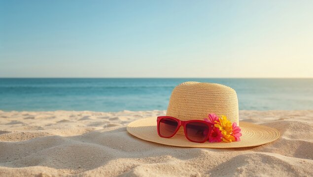 Straw hat adorned with red sunglasses and flowers resting on sandy shore, ideal for beach getaway theme
