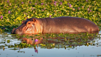 Fototapeta premium A hippo resting in a water-filled habitat surrounded by water hyacinths, highlighting its aquatic environment