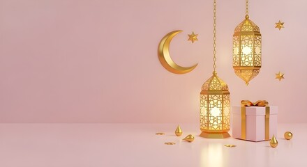 Golden ramadan lanterns and crescent moon with gift box on pink background with copy space