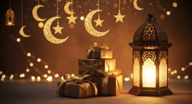 Illuminated ramadan lantern and gift boxes with crescent moons and star decorations
