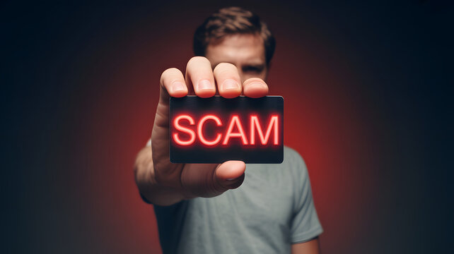 Protect yourself from fraud with this warning of a neon red 'SCAM' sign held by a man, highlighting the importance of online safety and vigilance today