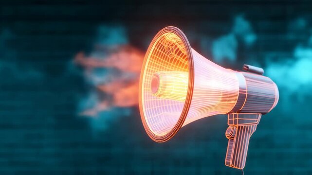 Illuminated megaphone on abstract background communication concept