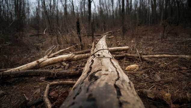 Logs scattered in a forest following tree removal, erosion risk