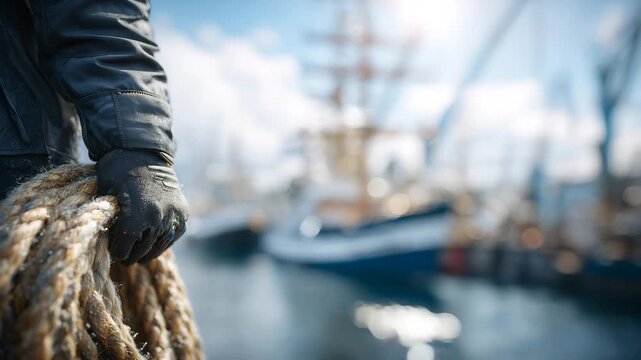 Maritime dock scene, gloved hand holding coiled rope, research vessel behind in soft blur, gentle ripples on water, bright sunny sky, cinematic composition with hyper-realistic rop