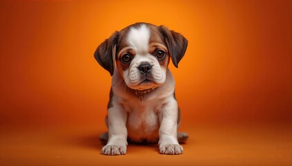 Obraz premium Pugsley dog portrait against a vibrant orange backdrop, playful canine theme