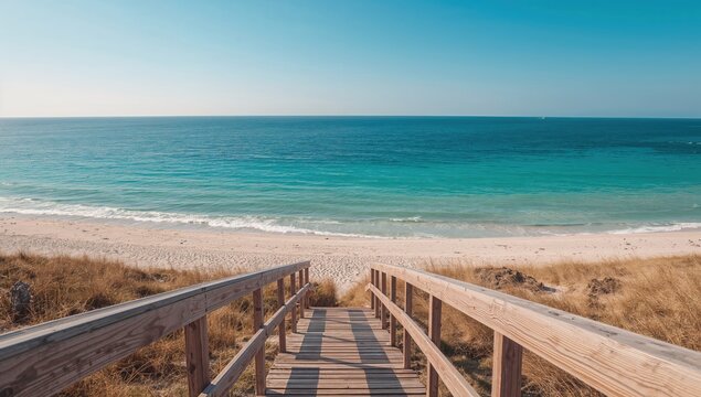 Wooden steps leading to the shoreline, reflecting seasonal change - Powered by Adobe