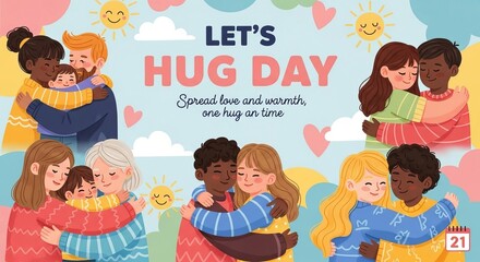 Celebrate National Hug Day with joyful embraces and heartwarming connections between diverse families, showcasing love and unity in a vibrant design
