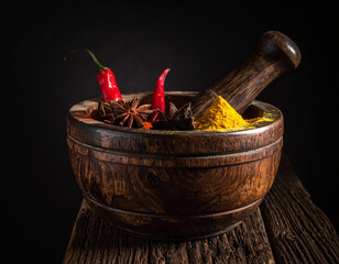 A group of elegant spices are holding a secret, dramatic meeting inside a dark, ancient, wooden mortar.
