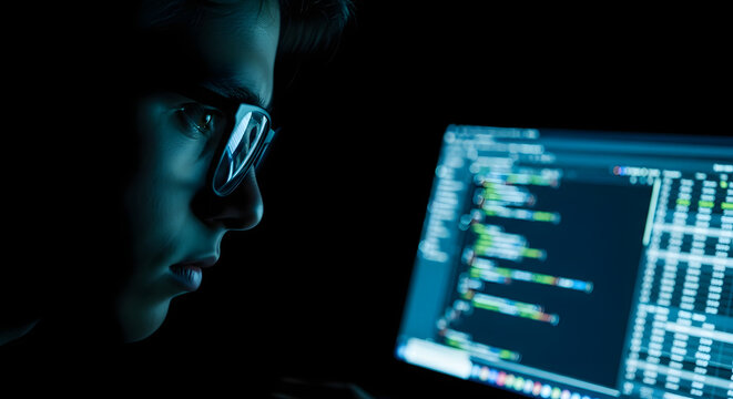 Concentrated programmer working late at night to analyze source code, Cybersecurity expert focused on fixing errors in software, wearing glasses