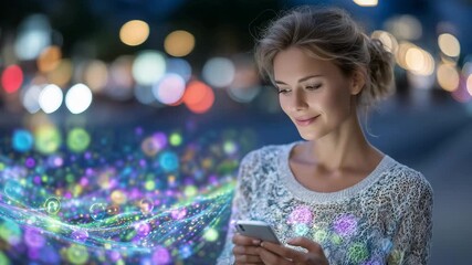 Vibrant digital composition of woman using smartphone, interactive glowing symbols of social media engagement floating dynamically around - Powered by Adobe
