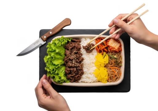 Hands holding chopsticks with korean bibimbap. Korean bento box with beef, kimchi, and rice being eaten with chopsticks isolated on transparent background