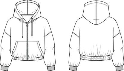 Technical fashion sketch vector showing front and back outlines of a women's cropped zip-up hoodie, featuring an elasticized hem and drawstring hood, ideal for apparel design and flat drawing mockups