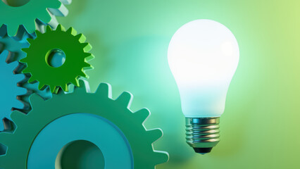 Bright light bulb illuminates gears, symbolizing innovation and creativity in technology. harmonious blend of green tones enhances visual appeal