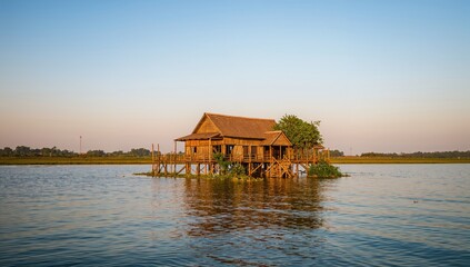 Obraz premium Wooden house in a lakeside village, showcasing traditional architecture, preservation