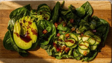 Vegan vegetable salad featuring avocado, broccoli, spinach, cucumber, soy sauce, and red pepper, fiber-dense choice