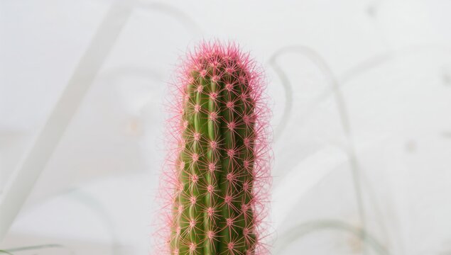 Close-up view of a green cactus featuring pink spiral spines against a white, abstract backdrop