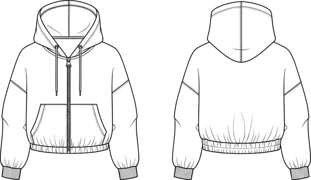 Technical fashion sketch vector showing front and back outlines of a women's cropped zip-up hoodie, featuring an elasticized hem and drawstring hood, ideal for apparel design and flat drawing mockups