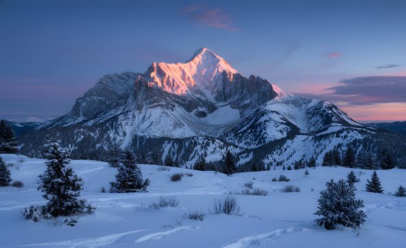 Alpenglow on Snow-Covered Mountain Peak at Winter Dusk - Powered by Adobe