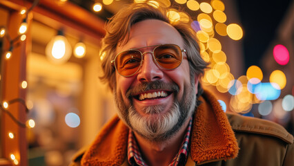 Cheerful man with beard smiles brightly against backdrop of warm, glowing lights. His stylish glasses and cozy jacket add to festive atmosphere