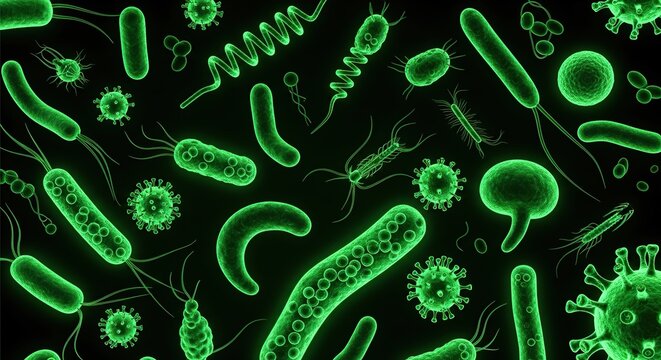 Microscopic view of various bacteria and viruses in green
