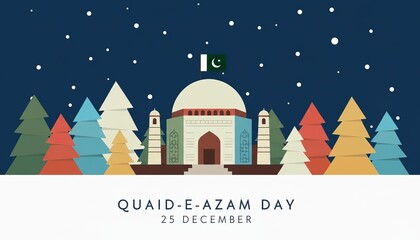 Celebrate Quaid-e-Azam Day with festive winter scenery and a flag flying high, perfect for holiday cards and national pride promotions