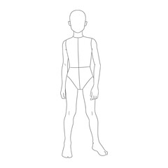 children's fashion design template featuring boy body croquis in front view. Clean line art illustration perfect for kids clothing designers, children's fashion sketching,