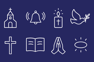 A collection of white line icons representing religious symbols and faith