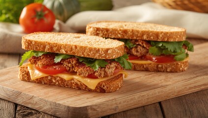 A pair of sandwiches with fresh veggies and bread slices