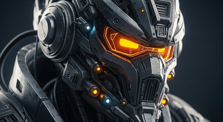 Close up of futuristic cyborg helmet with glowing orange eyes