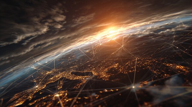 The image illustrates Earth from space, with bright city lights showcasing global connectivity in a beautiful scene. The vibrant network highlights communication and technology acr