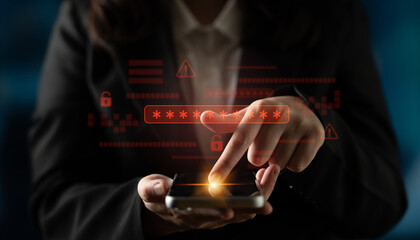 Password security breach warning with red asterisk box, cybersecurity alert, lock icons, and critical vulnerability signals in digital system access Latch