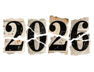 A dramatic montage of torn newspaper pieces arranged to spell 2025, set against a stark black backdrop. This image conveys change, countdown, and retro journalism vibes for year