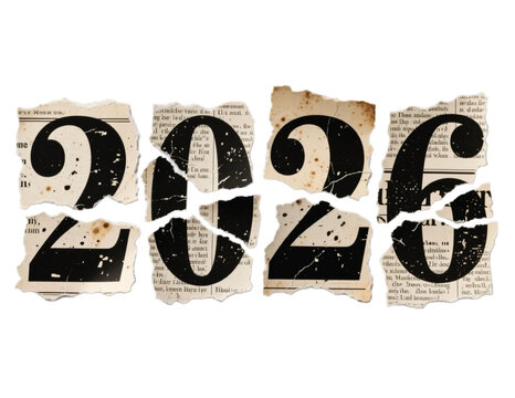 A dramatic montage of torn newspaper pieces arranged to spell 2025, set against a stark black backdrop. This image conveys change, countdown, and retro journalism vibes for year