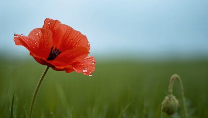 Close-up of a red poppy flower adorned with raindrops, highlighting its medicinal properties