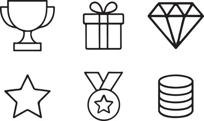 Line art icons depicting prize symbols trophy gift diamond star and medal