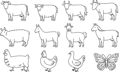 Line art illustration featuring farm animals poultry and a delicate butterfly