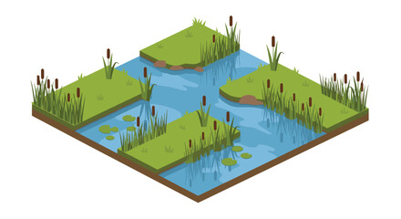 A serene isometric pond ecosystem teeming with life, perfect for nature lovers and educational resources, find your zen with this beauty