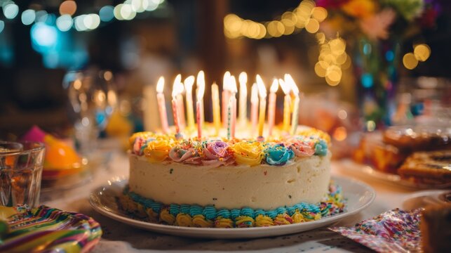 Colorful birthday cake with candles surrounded by festive decorations and blurred lights, perfect for joyful celebrations and special occasions