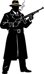 Gangster Silhouette with Tommy Gun and Smoking Cigar Vector, 1920s Mobster Crime Illustration