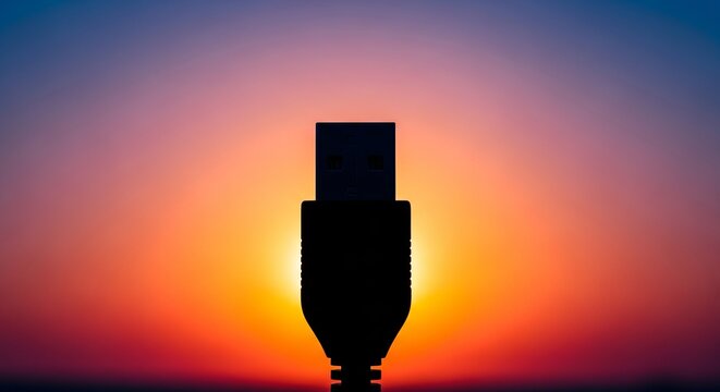 Striking USB connector silhouette against a vibrant sunset sky, perfect for technology, connectivity, and digital solutions projects needing a modern edge