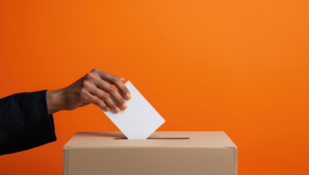 Woman casting her vote into a ballot box against an orange backdrop, suitable for editorial header background