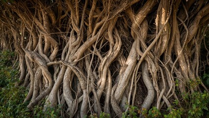 Twisted organic vines intertwining, displaying intricate rough textures, ideal for a natural outdoor backdrop.